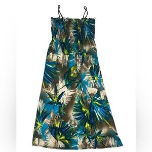 Tropical floral dress blue and green tropical rain forest pattern maxi dress